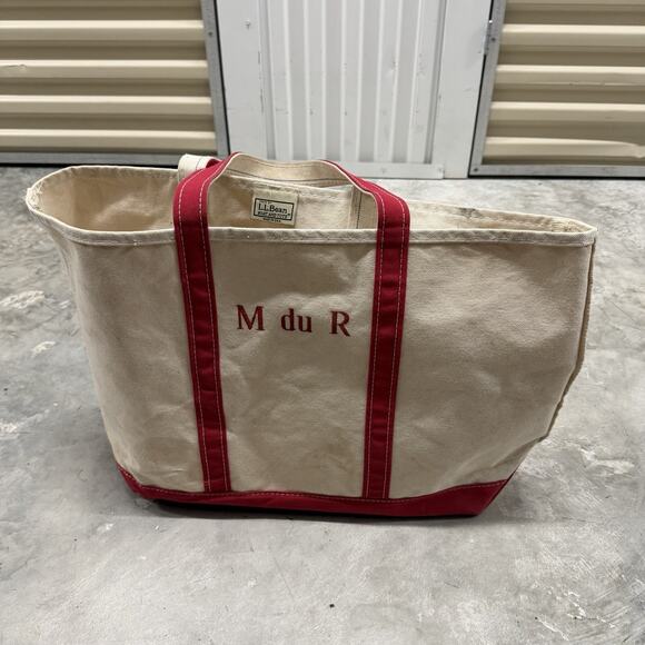 LL Bean Boat & Tote Open Canvas Bag Red Large USA 22x14 M du R embroidered - Picture 1 of 7